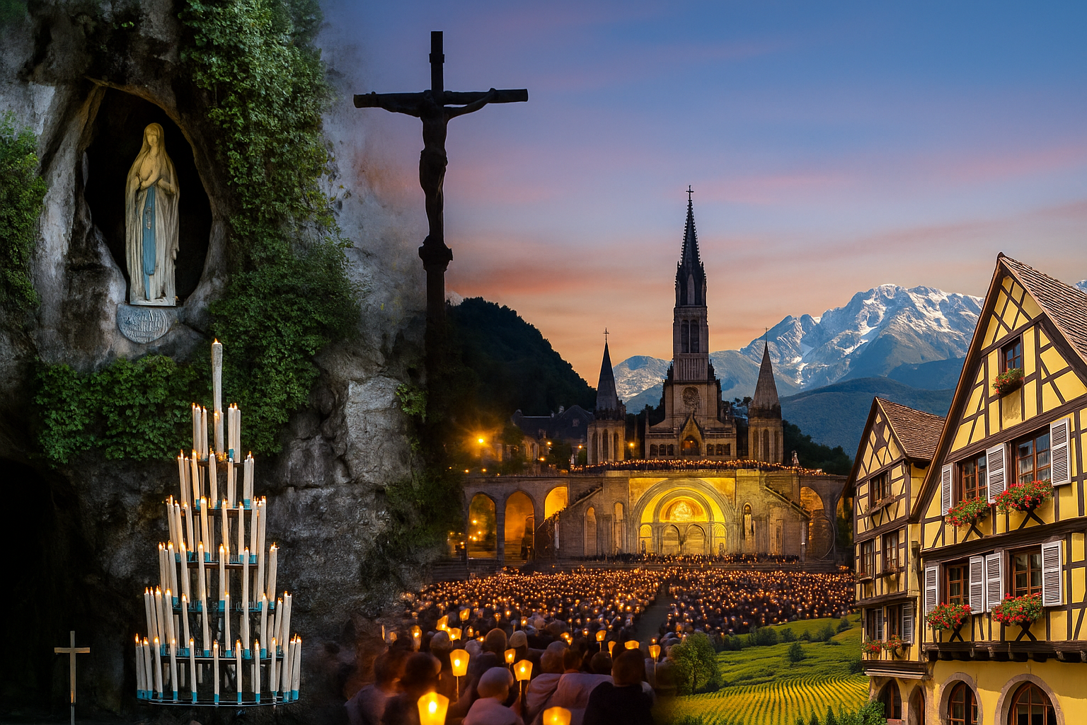 Pilger an der Grotte von Lourdes bei einer Lichterprozession, kombiniert mit Fachwerkhäusern im Elsass und den Pyrenäen im Hintergrund