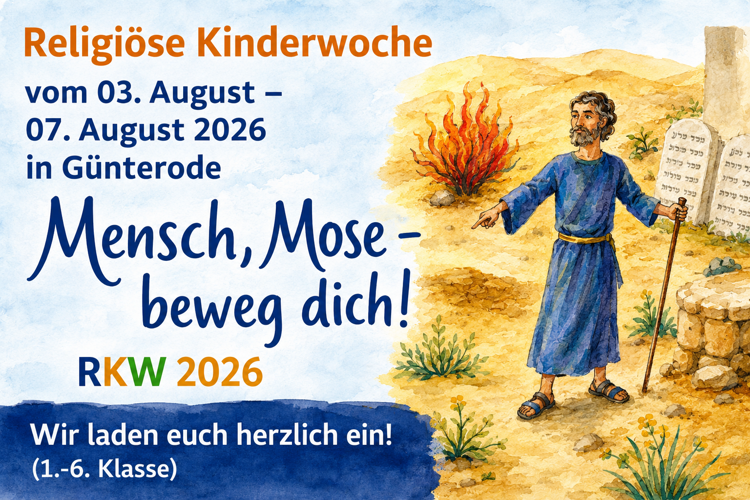 Plakat zur Religiösen Kinderwoche 2026 in Günterode mit Mose, brennendem Dornbusch und dem Motto „Mensch, Mose – beweg dich!“.