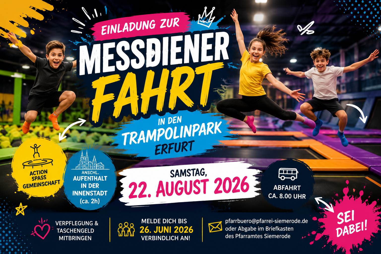 messdienerfahrt-2026 Mehrere Kinder und Jugendliche springen und haben Spaß in einem Trampolinpark. Das Bild wirbt für die Messdienerfahrt der Pfarrei Siemerode am 22. August 2026 nach Erfurt.