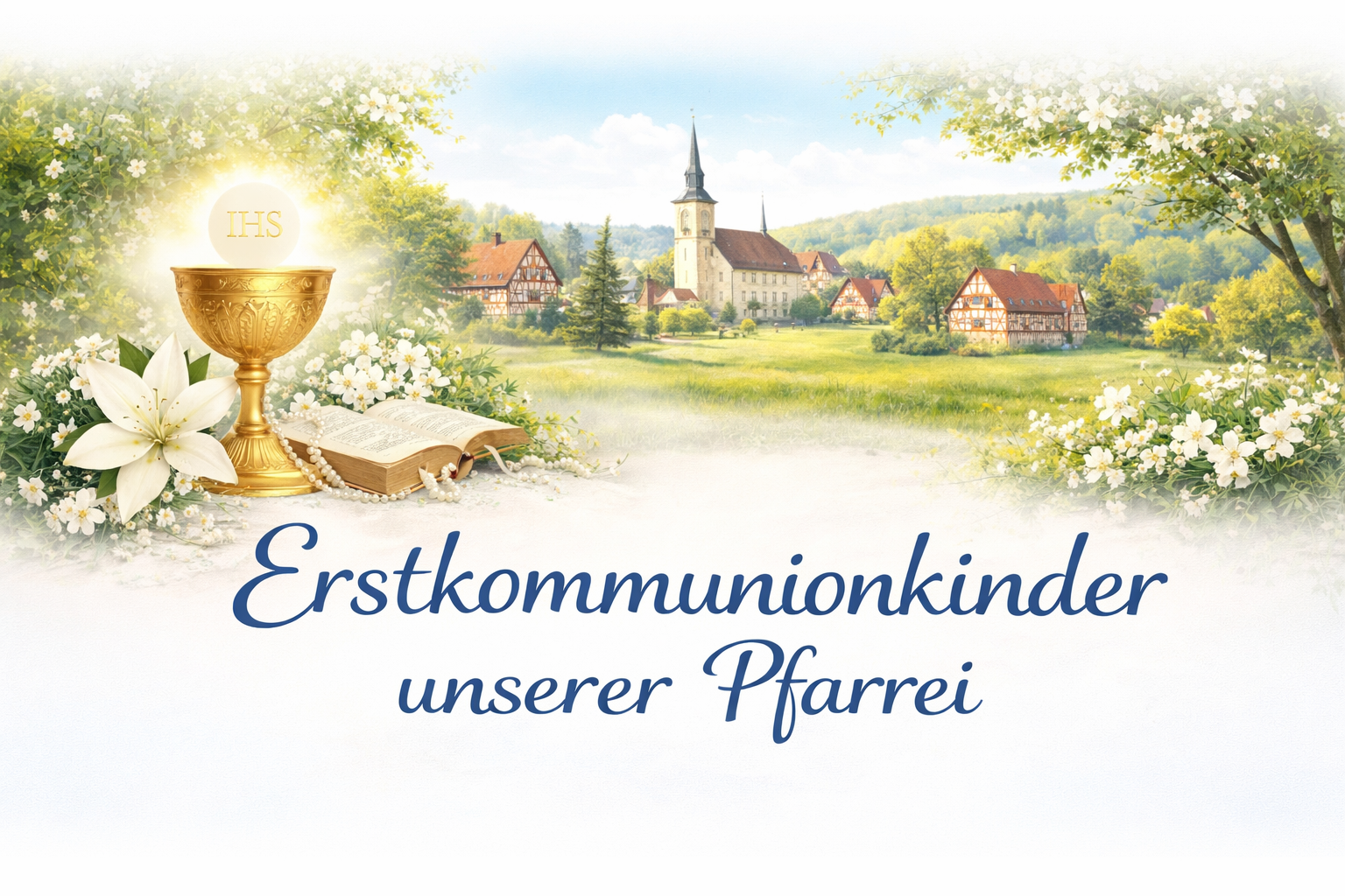 Banner zur Erstkommunion der Pfarrei Siemerode mit Kelch, Hostie und ländlicher Kirchenlandschaft