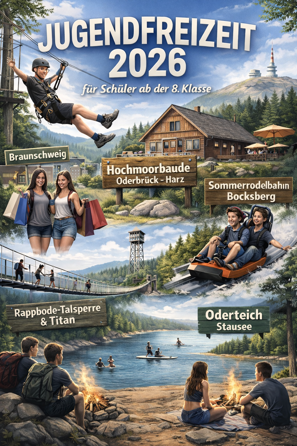 Titelbild zur Jugendfreizeit 2026. Eine Illustration zeigt Jugendliche ab der 8. Klasse bei Freizeitaktivitäten im Harz.